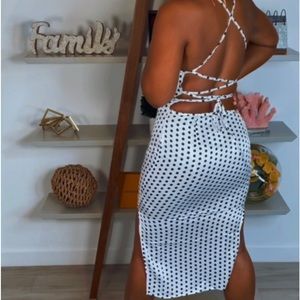 White Polka Dot Satin Strappy Back Midi Dress